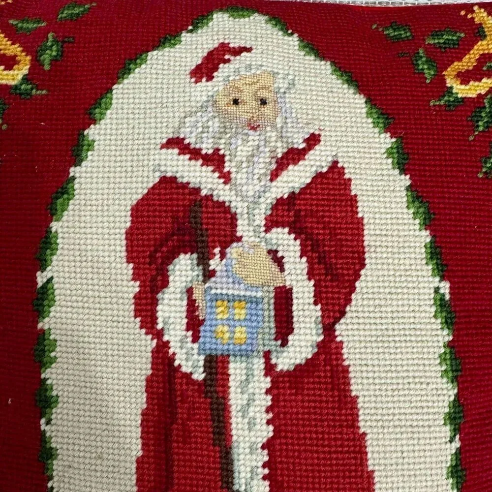 Santa Needlepoint Throw Pillow Santa Christmas Holiday Red